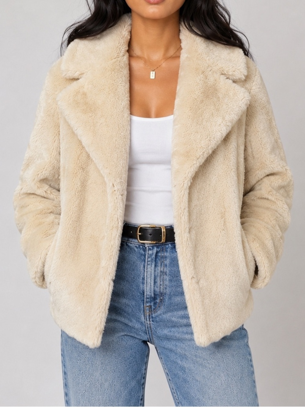 Express Faux Fur Teddy Jacket Women’s Small Cream Plush Cozy Winter Coat